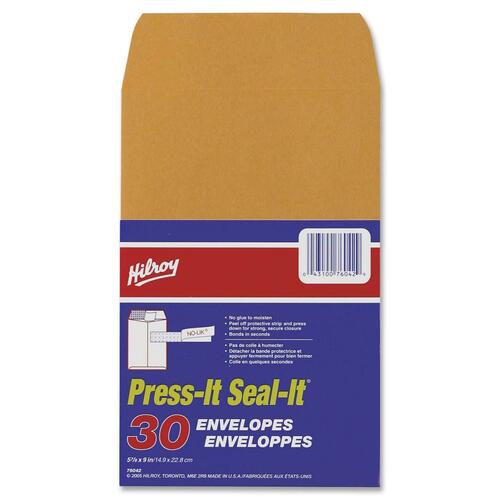 Hilroy Press-It Seal-It Kraft Adhesive Envelopes - 5 7/8" Width x 9" Length - Peel & Seal - Kraft - 30 / Pack = HLR76042
