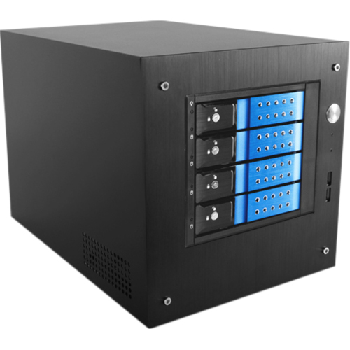 iStarUSA Compact Stylish 4 x 3.5" Hotswap Trayless mini-ITX Tower - Tower - Black, Blue - Aluminum, Galvanized Steel - 5 x Bay - Mini ITX Motherboard Supported - 1 x Fan(s) Supported - 4 x External 3.5" Bay - 1 x Internal 2.5" Bay - 1x Slot(s) - 2 x USB(s