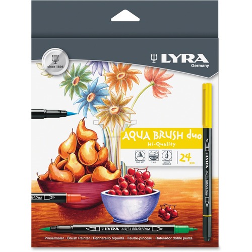 LYRA Aqua Brush Duo Set - Brush Marker Point Style - Assorted Water Based Ink - 24 / Set