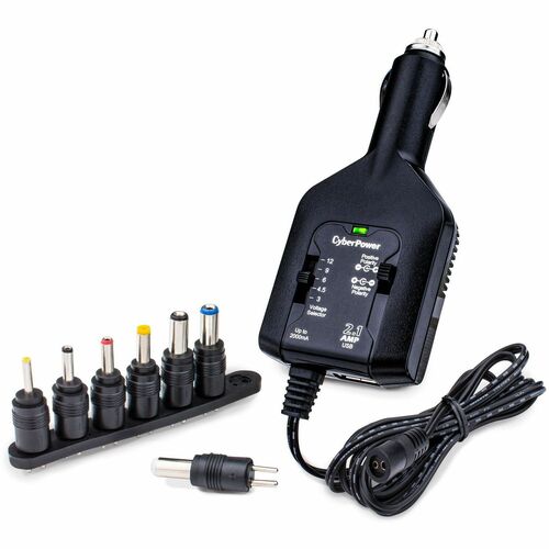 CyberPower CPUDC1U2000 Universal Power Adapter with multiple tips - 2000 mA, 3 VDC, 4.5 VDC, 6 VDC, 9 VDC, 12 VDC, 7 Adapter Tips, 1 USB Port(s) - 2.1 Amps , 12VDC Auto Power Port, 5 ft, Black, 1YR Warranty