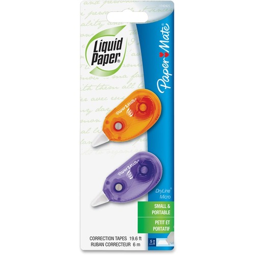 Paper Mate DryLine Correction Tape - 0.20" (5 mm) Width x 19.7 ft Length - Micro Assorted Dispenser - Tear Resistant, Tip Guard - 2 / Pack - Assorted