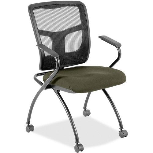 Lorell Mesh Back Nesting Training/Guest Chairs - Canyon Fern Antimicrobial Vinyl Seat - Black Mesh Back - Gray Metal Frame - Four-legged Base - Armrest - 2 / Carton