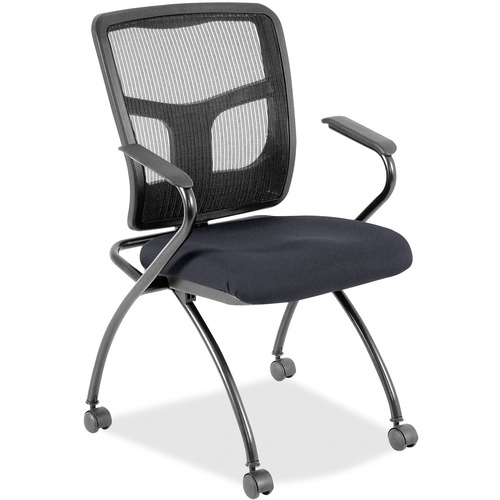 Lorell Mesh Back Nesting Training/Guest Chairs - Fuse Azurean Fabric Seat - Powder Coated Metal Frame - Four-legged Base - Black - Mesh - Armrest - 2 / Carton