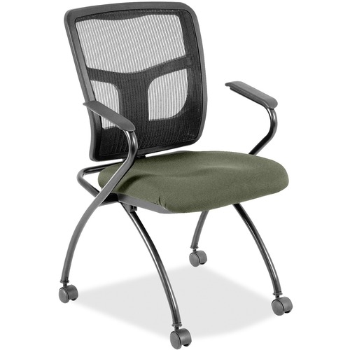 Lorell Mesh Back Nesting Training/Guest Chairs - Shire Sage Fabric Seat - Powder Coated Metal Frame - Four-legged Base - Black - Mesh - Armrest - 2 / Carton