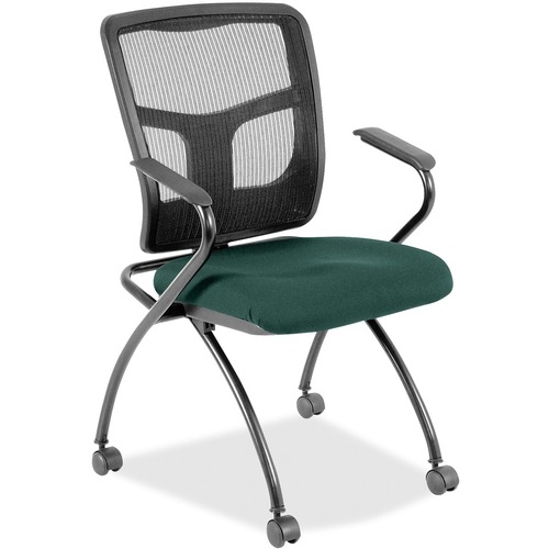 Lorell Mesh Back Nesting Training/Guest Chairs - Forte Chive Fabric Seat - Powder Coated Metal Frame - Four-legged Base - Black - Mesh - Armrest - 2 / Carton
