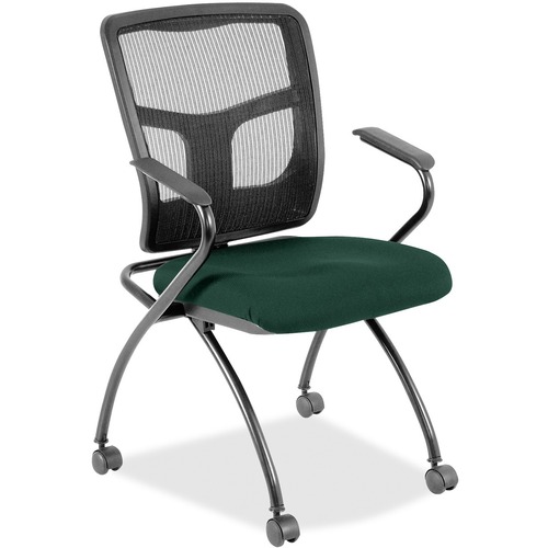 Lorell Mesh Back Nesting Training/Guest Chairs - Insight Forest Fabric Seat - Powder Coated Metal Frame - Four-legged Base - Black - Mesh - Armrest - 2 / Carton