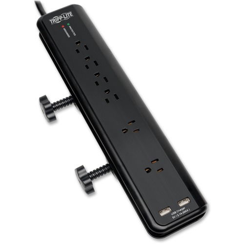 Tripp Lite by Eaton Protect It! 6-Outlet Clamp-Mount Surge Protector, 6 ft. (1.83 m) Cord, 2100 Joules, 2 x USB Charging ports (2.1A total) - 6 x NEMA 5-15R - 1875 VA - 2100 J - 120 V AC Input - 5 V DC Output