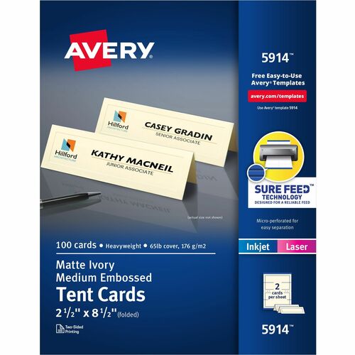 Avery® Sure Feed Embossed Tent Cards - 79 Brightness - 2 1/2" x 8 1/2" - Embossed - 1 / Pack - Rounded Corner, Heavyweight - Ivory