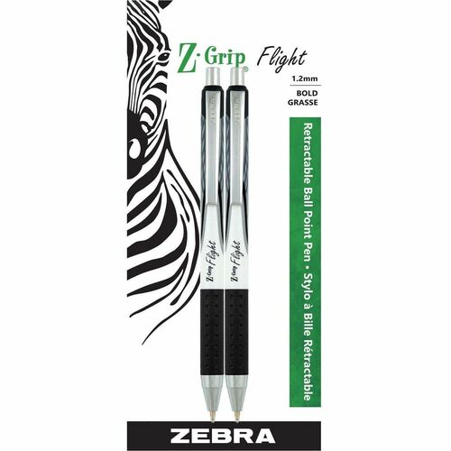 Zebra Pen Z-Grip Flight Ballpoint Pen - 1.2 mm (0.05") Bold Pen Point - Retractable - Black Ink - Black Plastic Barrel - 2 / Pack