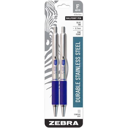 Zebra STEEL 4 Series F-402 Retractable Ballpoint Pen - Fine Pen Point - 0.7 mm Pen Point Size - Refillable - Retractable - Blue - Stainless Steel Barrel - 2 / Pack