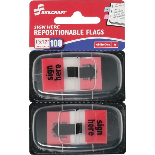 SKILCRAFT Red Sign Here Self-stick Flags - 1" x 1.75" - Rectangle - "SIGN HERE" - Yellow - Self-adhesive, Repositionable, Reusable, Removable - 100 / Pack