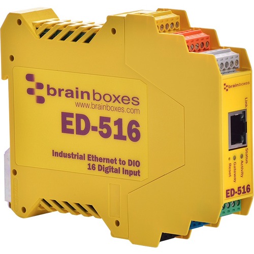 Brainboxes - Ethernet to 16 Digital Inputs + RS485 Gateway - Twisted Pair - 1 x Network (RJ-45) - 1 x Serial Port - 10/100Base-TX - Fast Ethernet - Rail-mountable - TAA Compliant