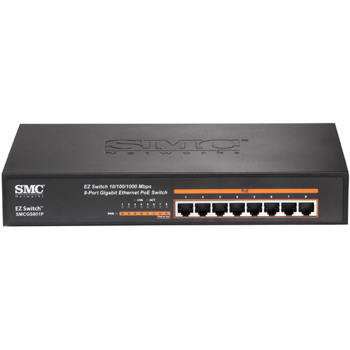 SMC EZ Switch 10/100/1000 8-Port Gigabit Ethernet PoE Switch - 8 Ports - 10/100/1000Base-T - 2 Layer Supported - Desktop - 2 Year Limited Warranty
