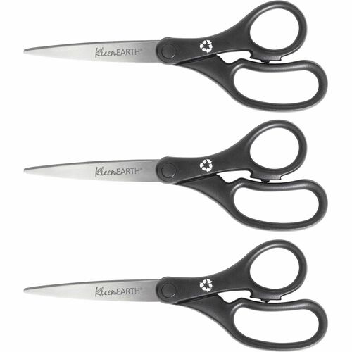 Westcott KleenEarth 8" Basic Recycled Straight Scissors - 8" Overall Length - Straight - Stainless Steel - Black - 3 / Pack