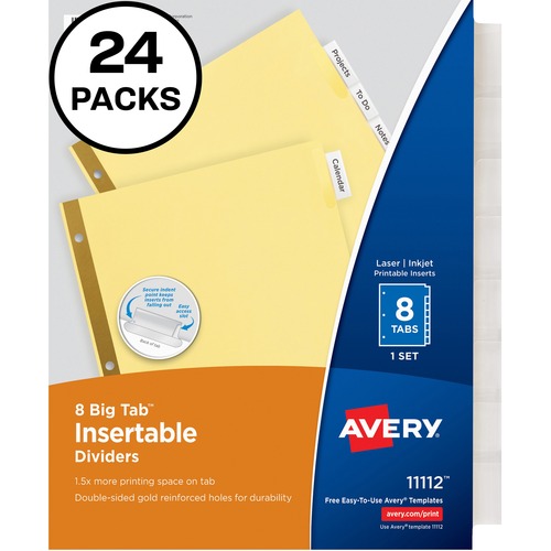 Avery® Big Tab Insertable Dividers - 192 x Divider(s) - 8 Tab(s) - 8 - 8 Tab(s)/Set - 8.5" Divider Width x 11" Divider Length - 3 Hole Punched - Buff Paper Divider - Clear Plastic Tab(s) - 30% Recycled - 24 / Box