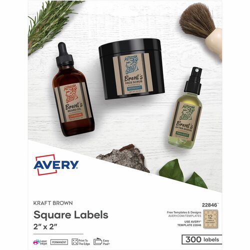 Avery® Promotional Label - 2" Width x 2" Length - Permanent Adhesive - Square - Laser, Inkjet - Kraft Brown - Paper - 12 / Sheet - 25 Total Sheets - 300 Total Label(s) - 300 / Pack