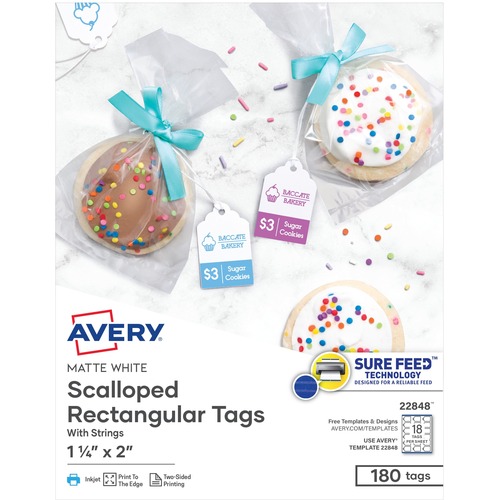Avery® Printable Tags - Scallop Edge - 2" (50.80 mm) Length x 1.25" (31.75 mm) Width - Rectangular - String Fastener - 180 / Pack - Paper, Card Stock - White - Marking Tags - AVE22848