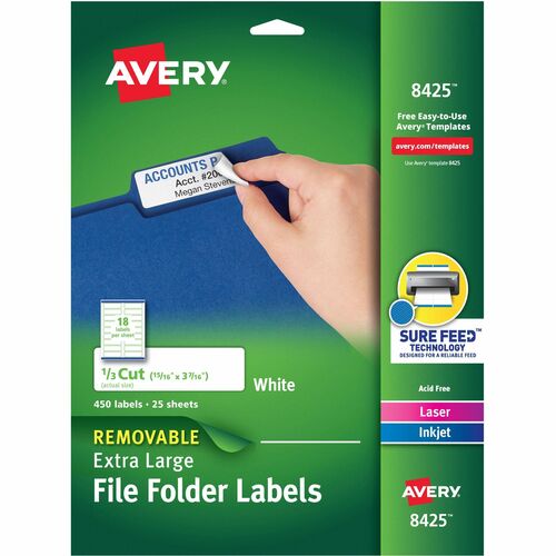 Avery® Extra-large TrueBlock Filing Labels - Removable Adhesive - Rectangle - Laser, Inkjet - White - Paper - 18 / Sheet - 25 Total Sheets - 450 Total Label(s) - 450 / Pack