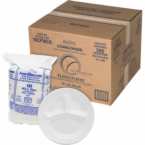 Dart Concorde 10-1/4" Nonlaminated Foam Compartment Plates - 10.3" Diameter - White - Foam Body - 125 / Bag - 4 / Carton