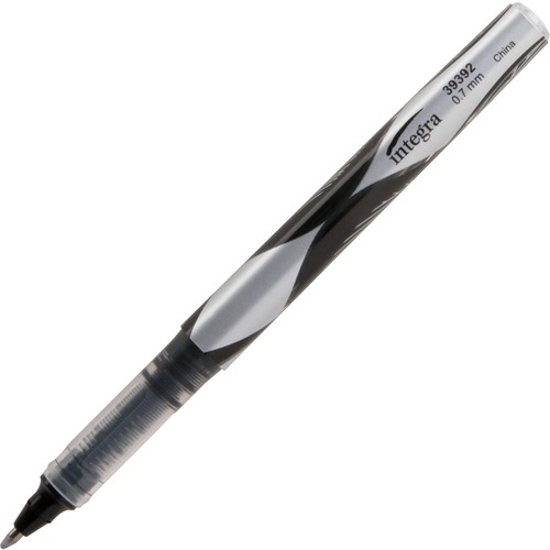 Integra Liquid Ink Rollerball Pens - Fine Pen Point - 0.7 mm Pen Point Size - Black - Black Barrel - Metal Tip - 1 Dozen