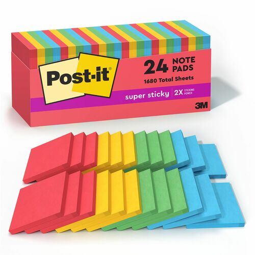 Post-it® Super Sticky Notes Cabinet Pack - Marrakesh Color Collection - 1680 x Electric Glow Assorted - 3" x 3" - Square - 70 Sheets per Pad - Unruled - Assorted - Paper - Self-adhesive, Repositionable - 24 / Pack