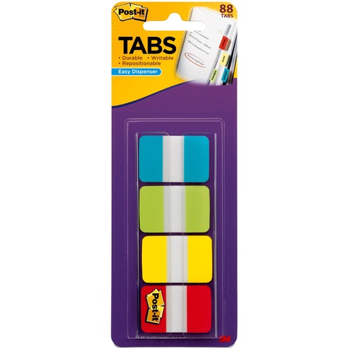 Post-it® Tabs in On-the-Go Dispenser - 88 Write-on Tab(s) - 1.50" Tab Height x 1" Tab Width - Blue, Green, Yellow, Red Tab(s) - Repositionable - 88 / Pack