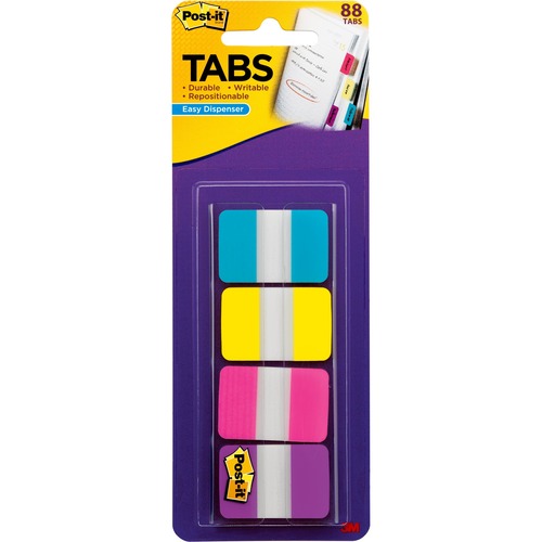 Post-it® Tabs - 88 Write-on Tab(s) - 1.50" Tab Height x 1" Tab Width - Blue, Yellow, Pink, Purple Tab(s) - Repositionable - 88 / Pack