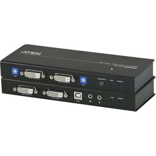 ATEN DVI Dual View KVM Extender-TAA Compliant - 1 Computer(s) - 1 Remote User(s) - 196.85 ft Range - WUXGA - 1920 x 1200 Maximum Video Resolution - 4 x Network (RJ-45) - 3 x USB - 4 x DVI - 5.3 V DC Input Voltage