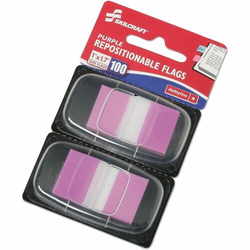 SKILCRAFT® Self-stick Flags - Rectangle - Purple - Self-stick, Repositionable, Removable, Reusable - Dispenser Included - 100 / Pack