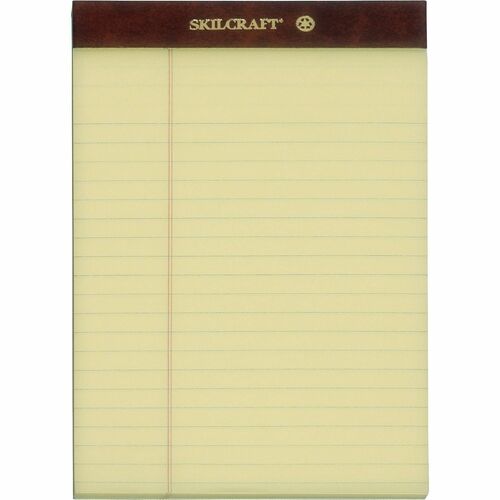 SKILCRAFT® Writing Pads - 50 Sheets - Strip - Double Line Margin - 16 lb Basis Weight - 5" x 8" Sheet Size - Yellow Paper - Perforated, Heavyweight, Back Board, Leatherette Head Strip - Recycled - 1 Dozen