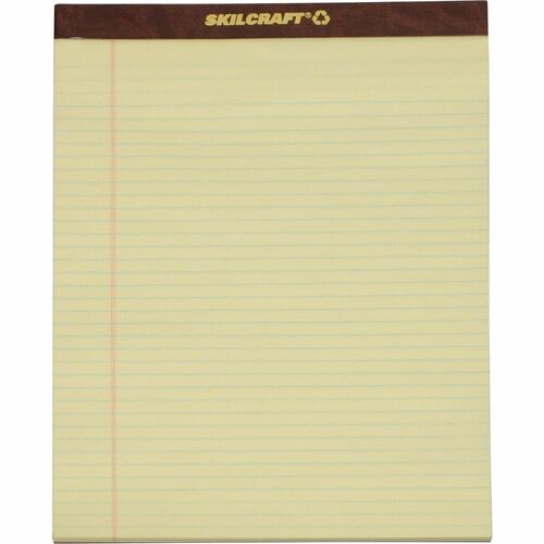 SKILCRAFT® Writing Pads - 50 Sheets - Strip - Double Line Margin - 16 lb Basis Weight - 8 1/2" x 11 3/4" Sheet Size - Yellow Paper - Perforated, Back Board, Heavyweight, Leatherette Head Strip - Recycled - 1 Dozen