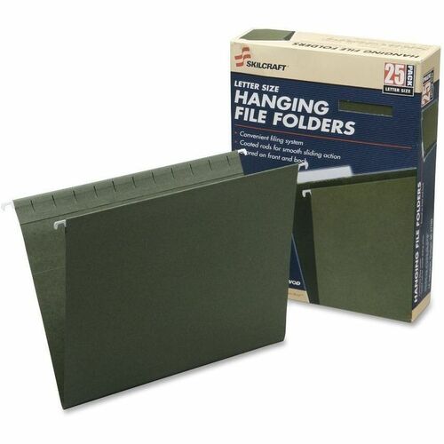 SKILCRAFT® 1/5 Tab Cut Letter Hanging Folder - 8 1/2" x 11" - 2" Expansion - 11 pt. - Paperboard, Plastic, Metal - Green - 0% Recycled - 25 / Box