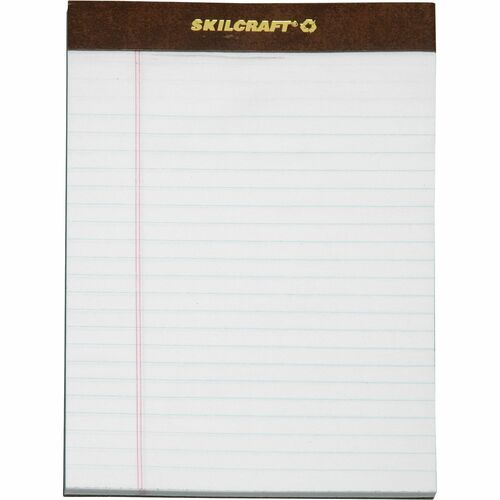 SKILCRAFT® Writing Pads - 50 Sheets - Strip - Ruled Margin - 16 lb Basis Weight - Junior - 5" x 8" Sheet Size - White Paper - Perforated, Leatherette Head Strip, Back Board, Heavyweight - Recycled - 1 Dozen