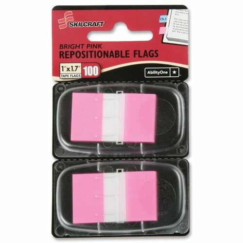 SKILCRAFT® Self-Stick Flags - 100 x Bright Pink - 1" Flag/Note Width x 1 3/4" Flag/Note Length - Bright Pink - Self-stick, Writable, Removable, Reusable - Recycled - Dispenser Included - 100 / Pack