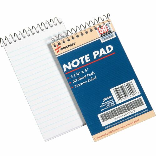 SKILCRAFT Mini Memo Pad - 50 Sheets - Wire Bound - Front Ruling Surface - Legal/Narrow Ruled Front Ruling - 0.25" Ruled - 16 lb Basis Weight - 3 1/4" x 5 1/2" Sheet Size - White Paper - Spiral Bound, Chlorine-free - Recycled - 1 Dozen