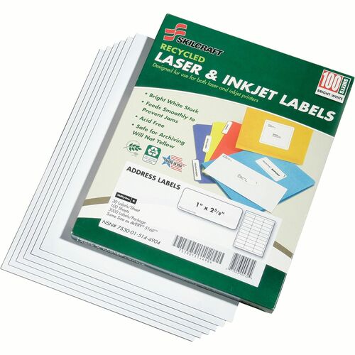 SKILCRAFT® Recycled Address Labels - 1" Width x 2 5/8" Length - Laser, Inkjet - White - Environmentally Friendly, Chlorine-free, Lignin-free, Non-yellowing - 30 / Sheet - 3000 Total Label(s) - 3000 / Box