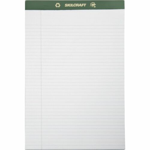 SKILCRAFT® Chlorine-Free Writing Pads - 50 Sheets - Strip - 0.31" Ruled - Ruled Margin - 20 lb Basis Weight - Legal - 8 1/2" x 14" Sheet Size - White Paper - Green Binding - Chlorine-free, Perforated, Leatherette Head Strip, Back Board - Recycled - 1 