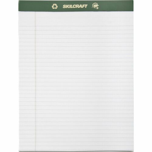 SKILCRAFT Chlorine-Free Writing Pads - 50 Sheets - Strip - Front Ruling Surface - Legal Ruled Front Ruling - 0.31" Ruled - Double Line Red Margin - 20 lb Basis Weight - 8 1/2" x 11 3/4" Sheet Size - White Paper - Green Binding - Perforated, Chlorine-free,