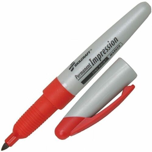 SKILCRAFT® Permanent Impression Markers - Fine Marker Point - Red Ink - 1 Dozen