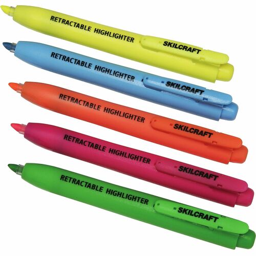 SKILCRAFT® Retractable Highlighters - Chisel Marker Point - Retractable - Assorted Ink - Polyester Tip - 5 / Set