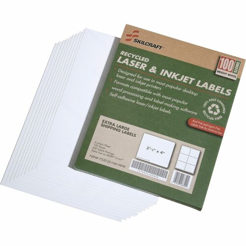 SKILCRAFT® Recycled Address Labels - 3 21/64" Width x 4" Length - Inkjet, Laser - White - Environmentally Friendly, Chlorine-free, Adhesive, Lignin-free, Non-yellowing - 600 / Box