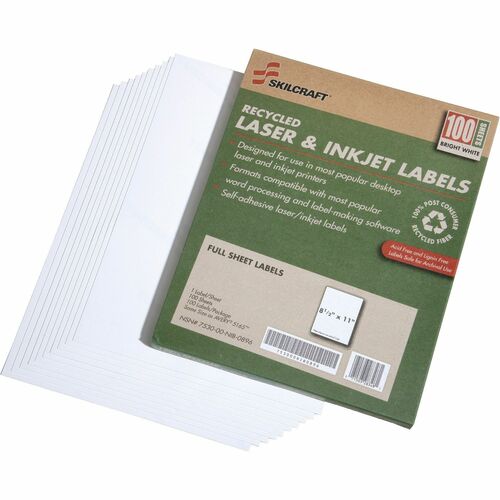 SKILCRAFT® Recycled Full-sheet Labels - x 8 1/2" Width x 11" Length - Full Sheet - Laser, Inkjet - White - Environmentally Friendly, Chlorine-free, Lignin-free, Adhesive, Non-yellowing - 100 Total Sheets - For Label Printer - 100 / Box