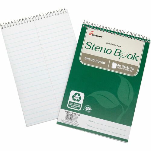 SKILCRAFT Recycled Steno Book - 60 Sheets - Wire Bound - Front Ruling Surface - Gregg Ruled Front Ruling - 17 lb Basis Weight - 6" x 9" Sheet Size - White Paper - Acid-free, Yellowing Resistant, Chlorine-free - Recycled - 6 / Pack