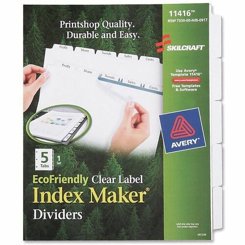 SKILCRAFT® Index Maker 5-Tab Dividers - 5 Tab(s) - 8.5" Divider Width x 11" Divider Length - White Divider - Recycled - Printable - 5 / Set