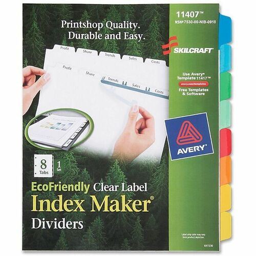 SKILCRAFT® Index Maker 8-Tab Dividers - 8 Tab(s) - 8.5" Divider Width x 11" Divider Length - White Divider - Recycled - Customizable, Printable - 8 / Set