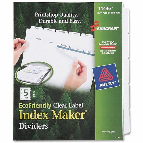 SKILCRAFT® Index Maker 5-Tab Dividers - 5 Tab(s) - 8.5" Divider Width x 11" Divider Length - Multicolor Divider - Recycled - Customizable, Printable - 25 / Set