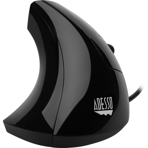 Adesso iMouse E1 Vertical Ergonomic Illuminated Mouse - Optical - Cable - Glossy Black - USB - 1600 dpi - Scroll Wheel - 6 Button(s) - Right-handed Only