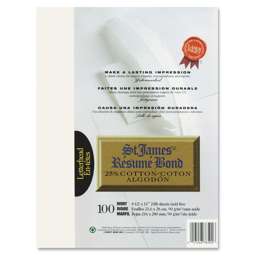 St. James® 25% Cotton Resume Bond Paper - Letter - 8 1/2" x 11" - 24 lb Basis Weight - 100 / Pack - Watermarked, Acid-free, Lignin-free - Unprinted Stationery - FST76502