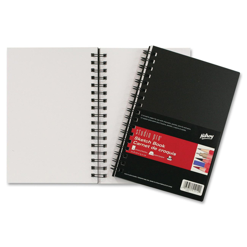 Hilroy Studio Pro Sketch Book - 75 Sheets - Plain - Twin Wirebound - 50 lb Basis Weight - 6" x 9" - White Paper - Black Cover - Poly Cover - Durable Cover - 1Each