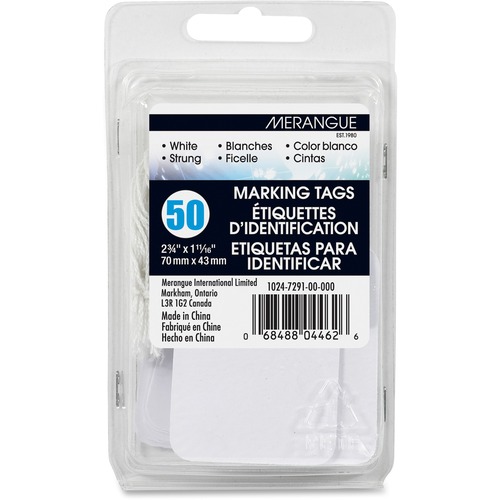 Merangue 50 Pack White Strung Tags - 1.69" (42.90 mm) Length x 2.75" (69.80 mm) Width - Rectangular - String Fastener - 50 / Pack - Marking Tags - MGE10247291
